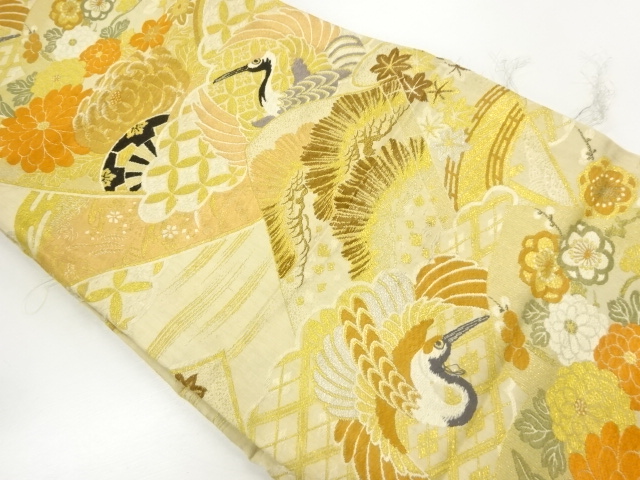 JAPANESE KIMONO / ANTIQUE OBIGAWA FOR MARU OBI / WOVEN PINE & CRANE & KIKU